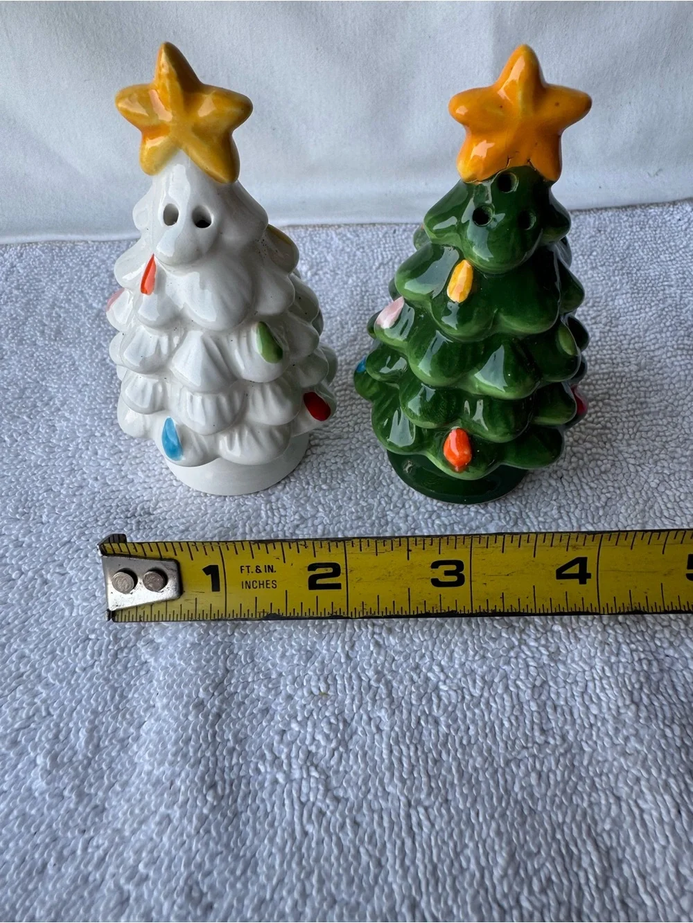Ceramic Holiday Tree Figurine - White and Green - salt and pepper shakers
